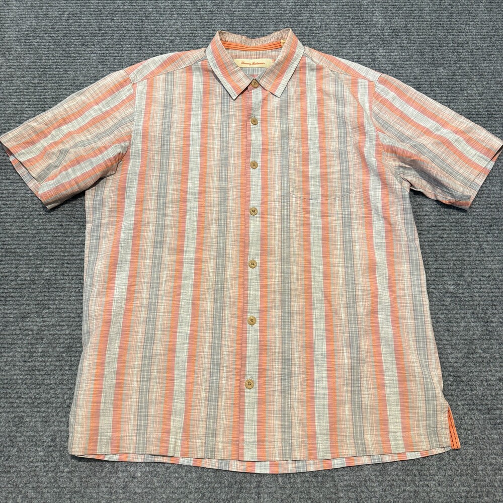 Tommy Bahama Shirt Mens Large Orange Stripe Short Sleeve Button Front Casual